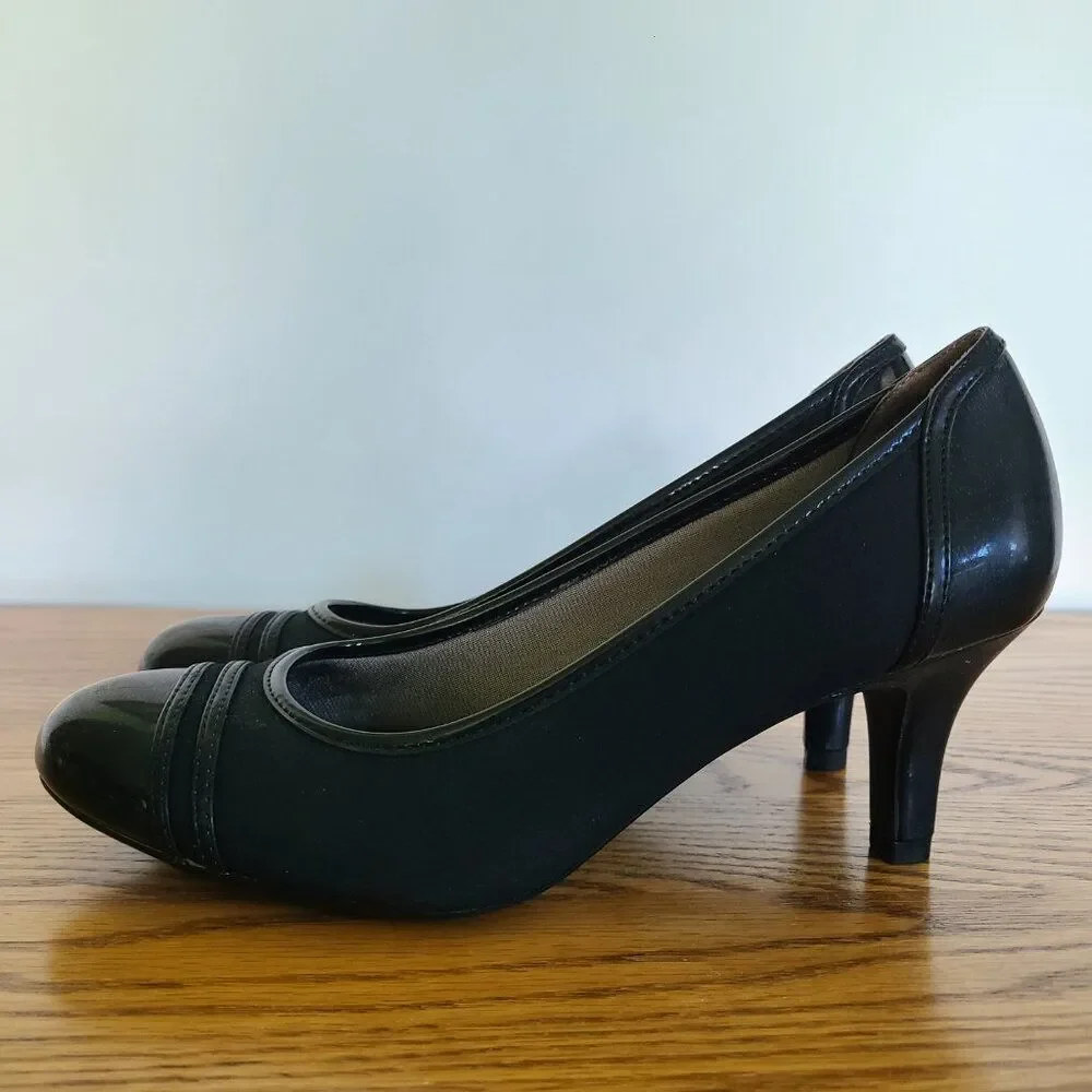 Life Stride Women's Petunia Black Pumps High Heels Shoes Patent And Fabric 8.5M